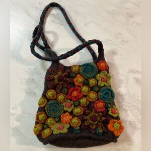 Anthropologie Rising Tide Wool Felted Floral Zip Shoulder Bag